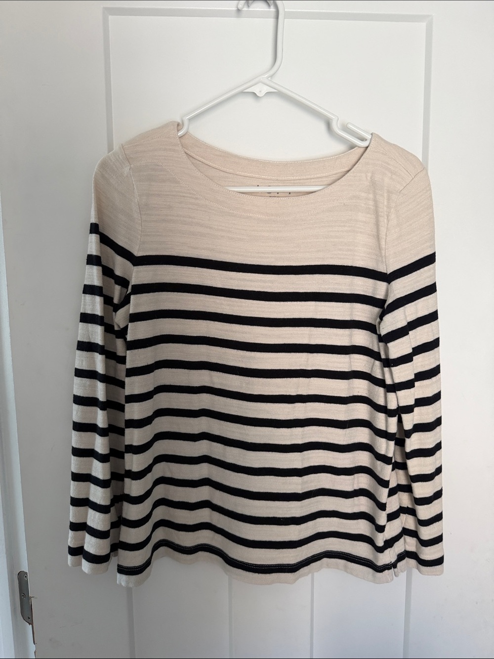 LOFT Cream and Black Striped Long-Sleeve Crewneck